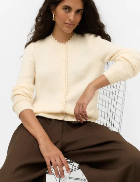 Marks & Spencer Lace Detail Crew Neck Cardigan Ivory Mix