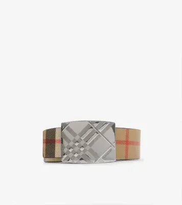 Reversible Engraved Check Belt in Black/sand beige