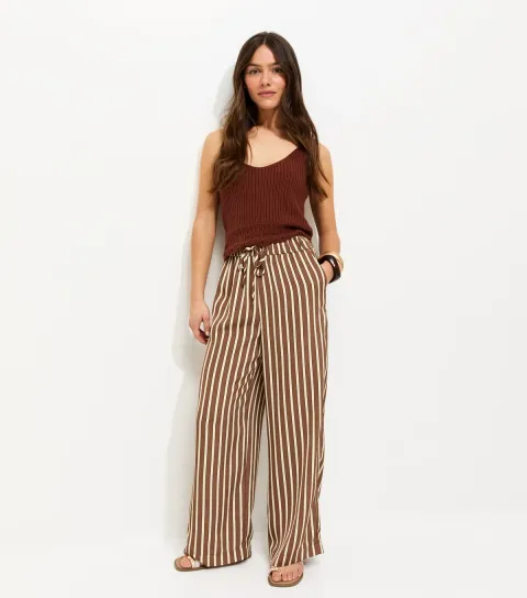Women's Petite Cream Stripe Print Linen Blend Wide Leg Trousers