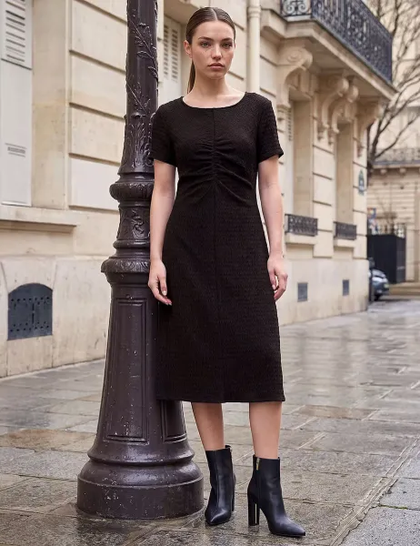 Roman Petite Ruched Front Midi Dress Brown Mix