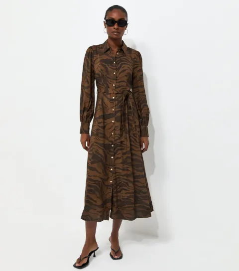 Women's Brown Animal Print Long Sleeve Midi Shirt Dress