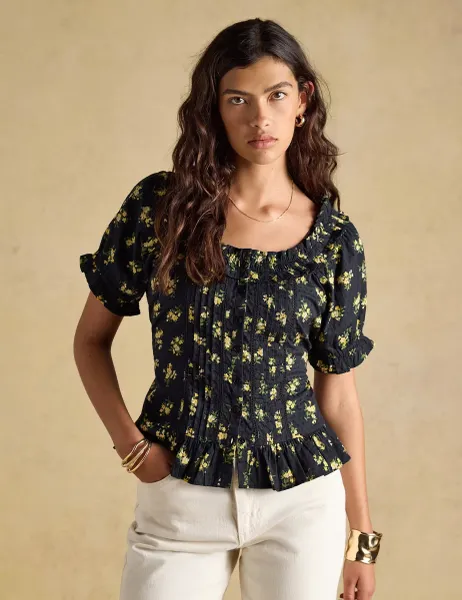 Joules Pure Cotton Floral Frill Detail Blouse Black Mix