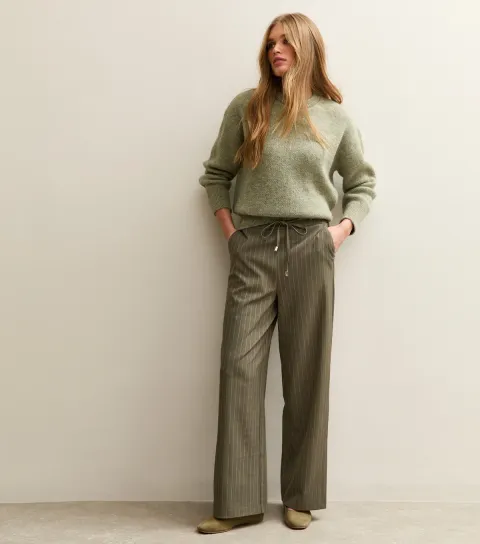 New Look Women's Khaki Stripe Tie Waist Wide Leg Trouser