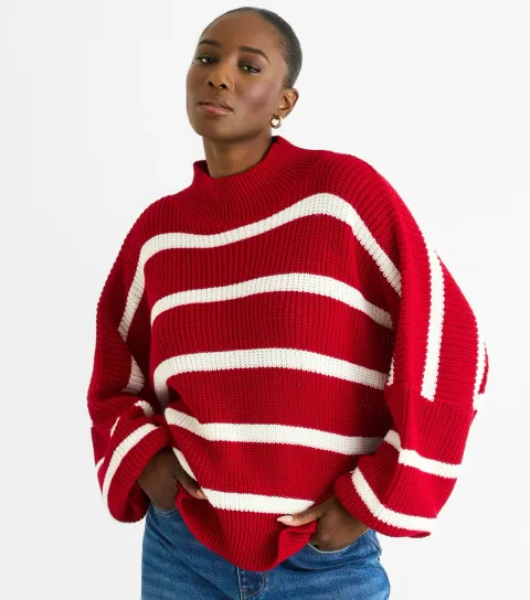 Gini London Women's Red Stripped Chunky Knit Jumper