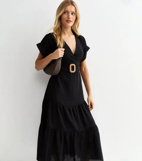 Women's Black Tiered Belted Midi Dress