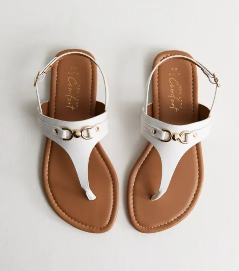 New Look Women's Wide Fit White Faux Leather Toe Post Sandals Vegan