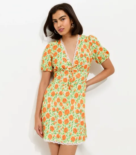 Women's Cream Floral Print Lace Trim Mini Dress