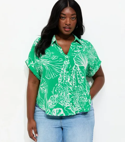 Women's Plus Size Green Leaf Print Short Sleeve Shirt Curves