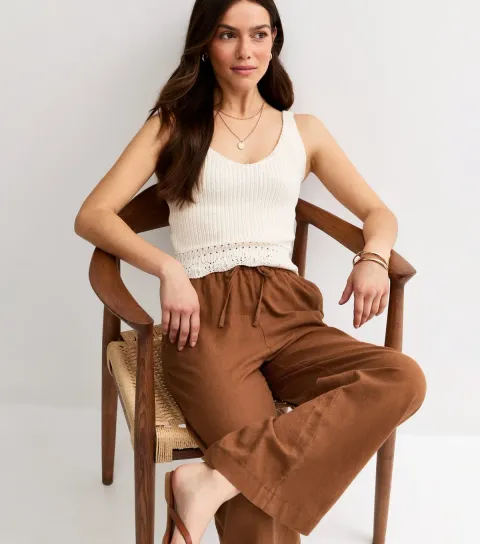 Women's Petite Rust Linen Blend Wide Leg Trousers