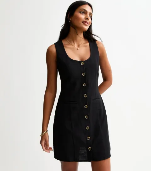 Women's Black Cotton Button Through Mini Dress