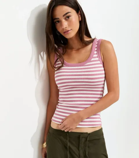 Women's Pink Striped Scoop Neck Wide Strap Vest