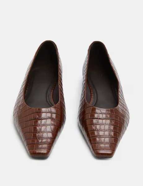 Marks & Spencer Leather Croc Chisel Toe Flat Pumps Tan
