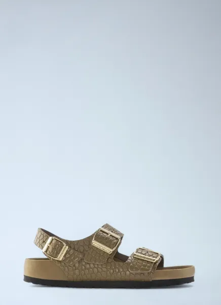 Embossed Leather Three Strap Sandals