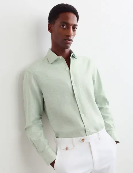 Jaeger Regular Fit Luxury Linen Cotton Shirt Sage