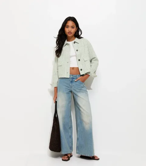 Women's Cream and Green Striped Short Shacket