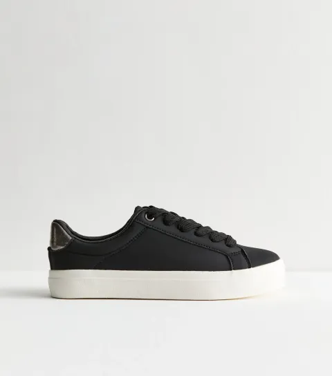 Women's Black Faux Leather Contrast Heel Tab Trainers Vegan