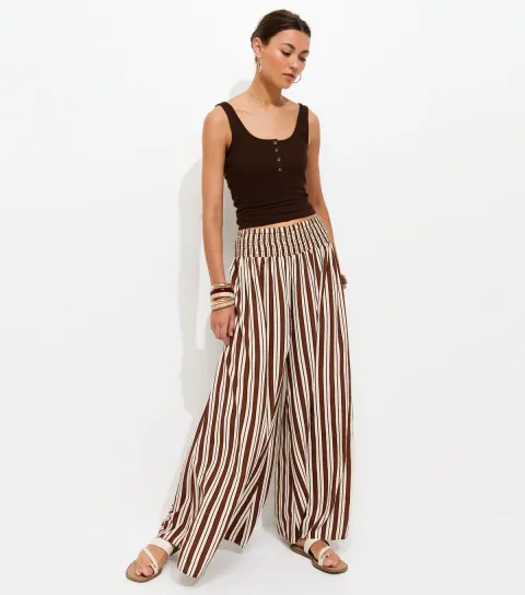 Women's Cream Crepe Striped Palazzo Trousers