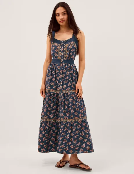 Monsoon Pure Cotton Floral Midi Tiered Dress Navy Mix