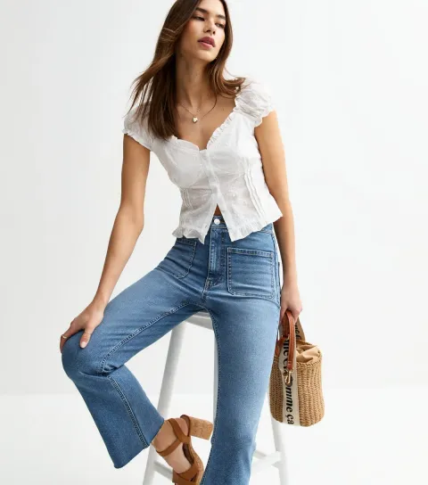 Women's Blue Patch Pocket Kick Flare Denim Jeans