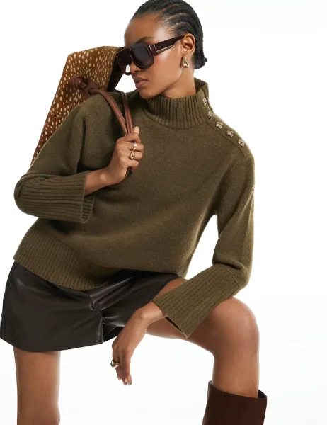 River Island Funnel Neck Button Detail Jumper Khaki
