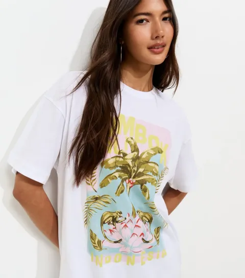 Women's White Cotton Palm Tree Print Oversized T-Shirt