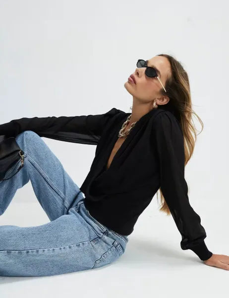 River Island V-Neck Blouson Sleeve Blouse Black