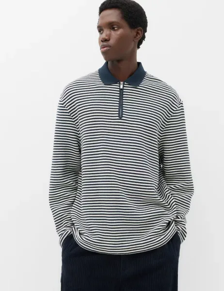 Marks & Spencer Pure Cotton Half Zip Striped Polo Shirt Navy
