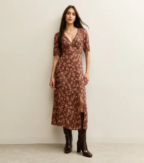 Women's Brown Floral Print Slit Hem Midi Dress