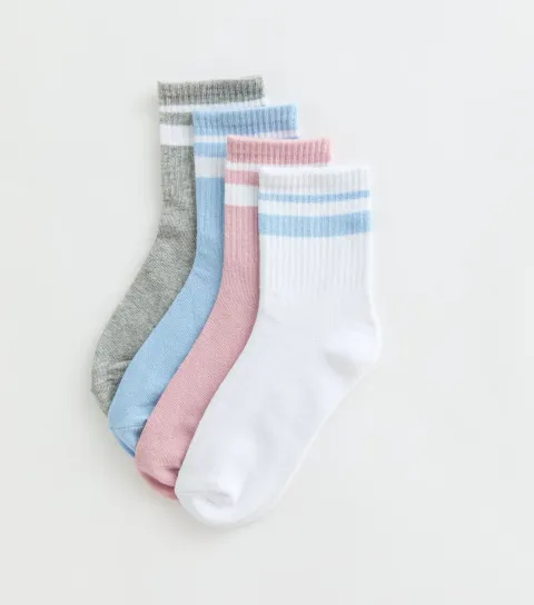 New Look Girls' Pack of 4 Multicoloured Cotton Rich Striped Ribbed Ankle Socks