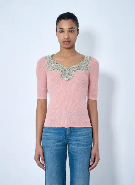 Embroidered Neckline Knit Top