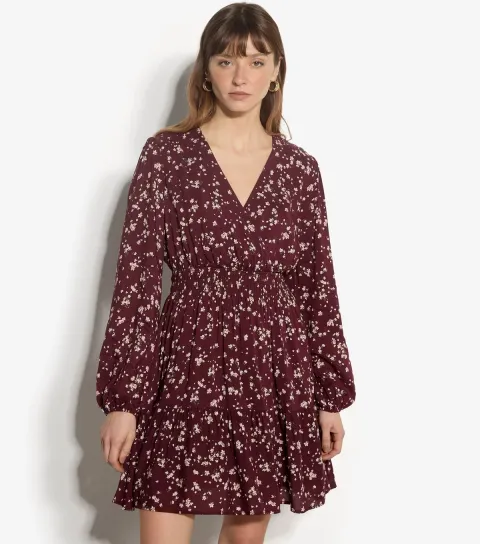Women's Dark Burgundy Daisy Print Wrap Front Mini Dress