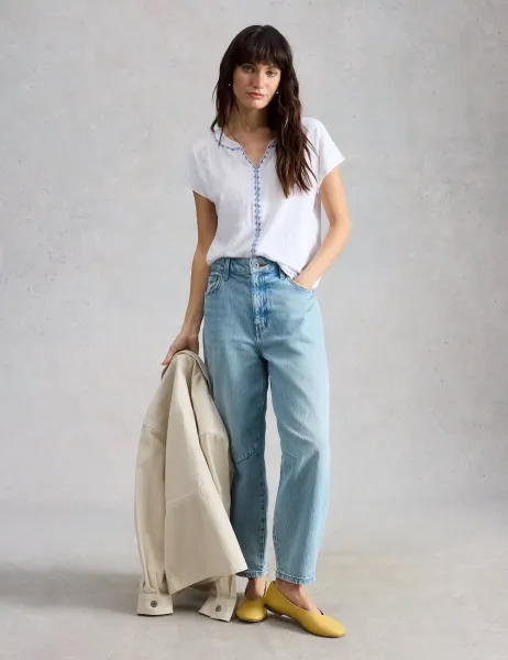 White Stuff Pure Cotton Embroidered Notch Neck T-Shirt White Mix