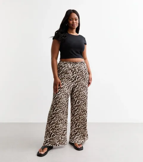 New Look Women's Plus Size Brown Leopard Print Satin Wide Leg Trousers Curves