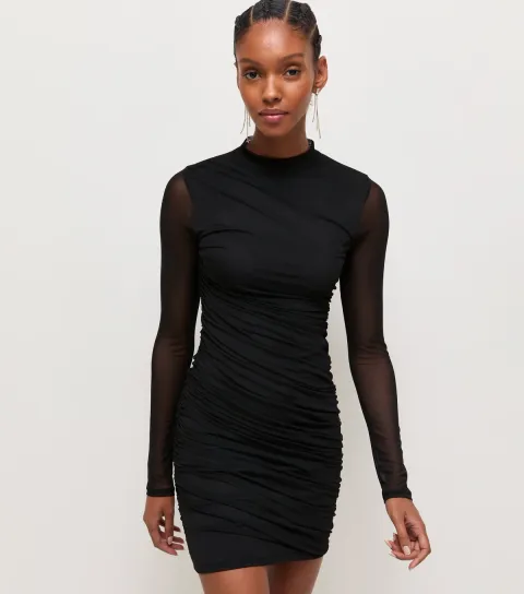 Women's Black Mesh Ruched Long Sleeve Mini Dress