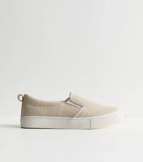 Women's Off White Linen Look Canvas Slip On Trainers Vegan