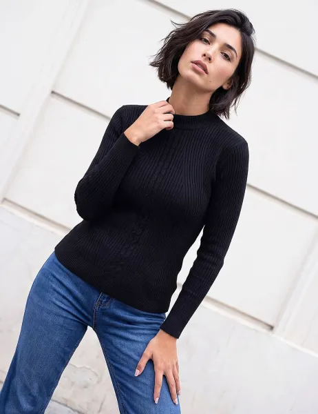 Roman Rayon Blend Cable Knit Roll Neck Jumper Black Mix