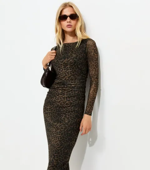 Women's Brown Leopard Print Ruched Side Mesh Midi Dress