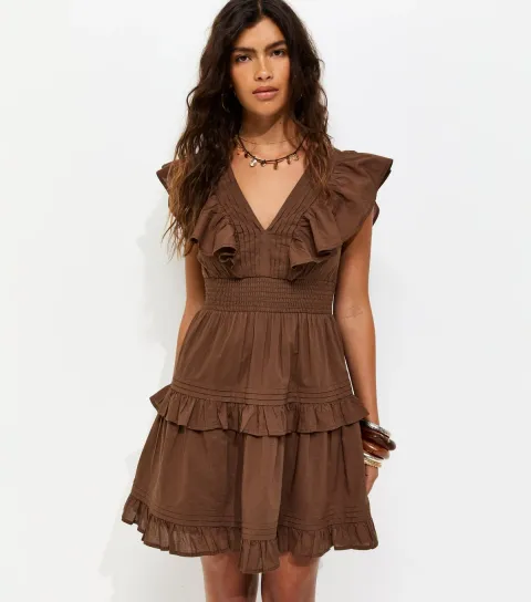 Women's Brown Cotton Ruffle V-Neck Tiered Mini Dress