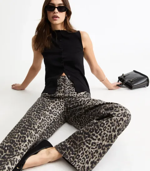 Women's Brown Leopard Print Adalae Wide Leg Jeans