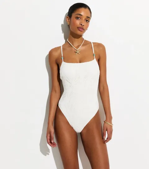 Women's White Crochet Beaded Swimsuit