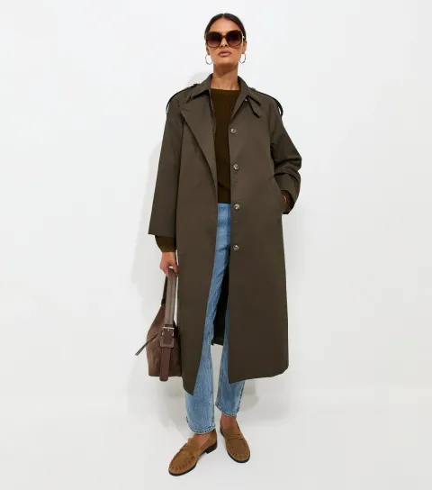 New Look Women's Dark Khaki Cotton Belted Trench Coat