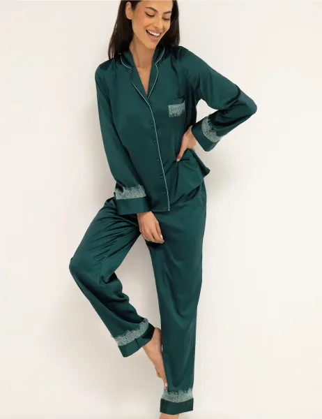 Pour Moi Dusk Satin and Lace Revere Collar Pyjama Set Dark Green Mix