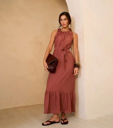 Women's Rust Tie Shoulder Maxi Dress