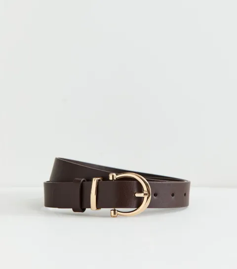 New Look Dark Brown Faux Leather Golden Buckle Belt