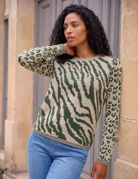 Roman Rayon Rich Embellished Animal Print Crew Neck Jumper Khaki Mix