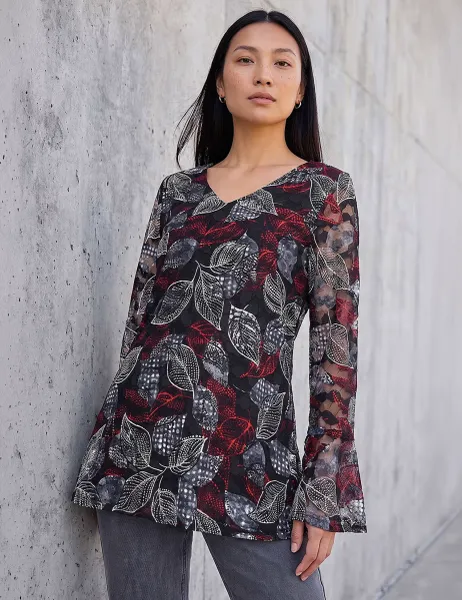 Roman Lace Printed V Neck Top Black Mix