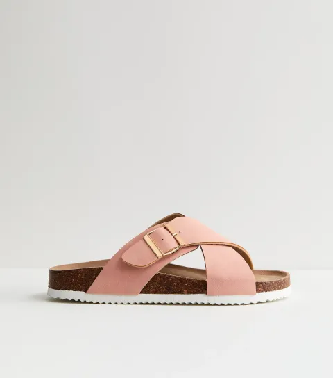 Women's Wide Fit Pink Faux Suede Cork Sole Sandals Vegan