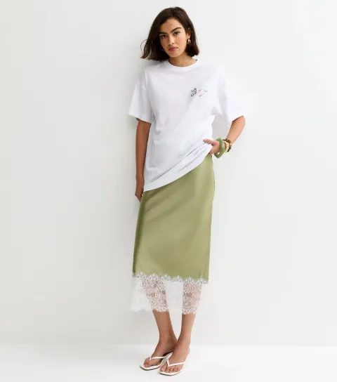 Women's Light Green Deep Lace Trim Midi Skirt