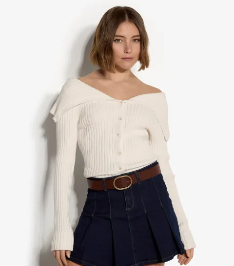 Women's Cream Ribbed Folded Collar Cardigan