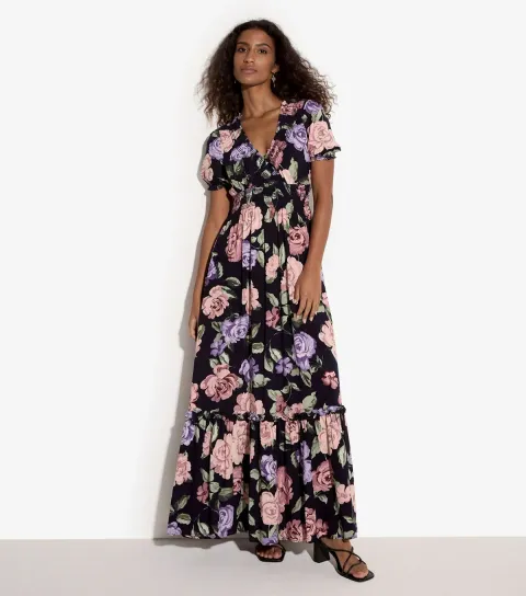 Women's Navy Floral Tiered Maxi Dress
